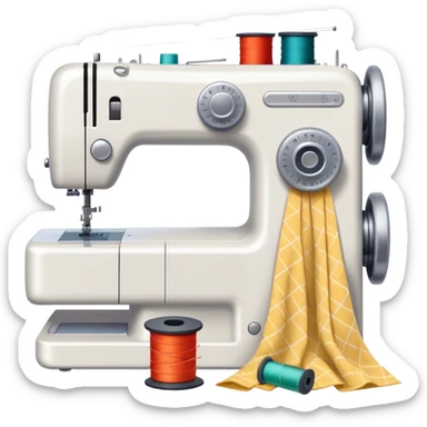 Sewing icon, sewing machine with thread, visible needle, spools of thread, fabric pieces cut according to patterns, measuring tape, pins, scissors, and a dress in progress, minimalistic style, clean lines, transparent background. sticker