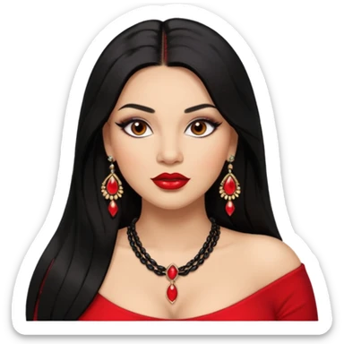 Light skin brown eyes glamorous full figured women black long straight hair red lips necklace and earrings long lashes sticker
