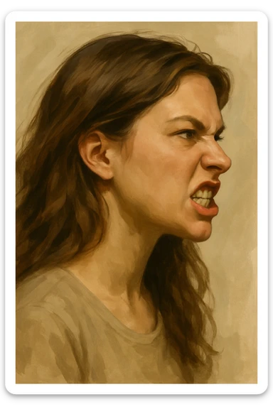 woman making grr, fierce expression, profile face, loose hair, simplified realistic style sticker