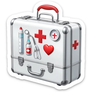 An icon featuring a medical suitcase with a red cross, a bottle of pills, a stethoscope, and a syringe, symbolizing medicine. The design includes a thermometer, bandages, and a heart monitor, representing healthcare and medical treatment. Transparent background highlights the science of healing. sticker