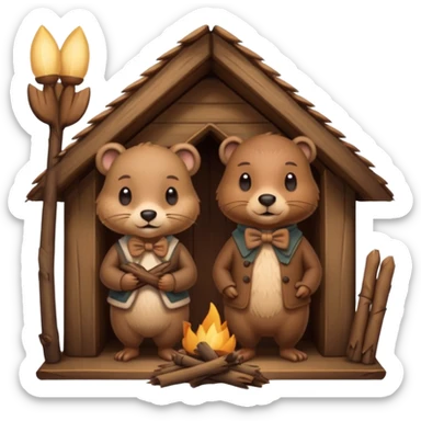  beaver man and female beaver with a bow in a wooden lodge made of sticks sticker