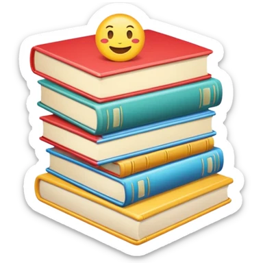 a stack of cookbooks with an open page, emoji style sticker