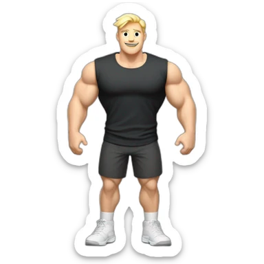 Full height Actively gesturing with hands Pale skinned fit man With the biceps and blonde hair In dark gray sleeveless mike, black oversize sports shorts, watch and white sneakers sticker