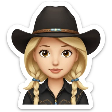 Blonde cowgirl with brown eyes and a black cowboy hat sticker