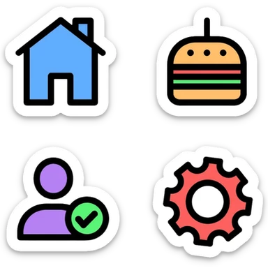 Website icon set with colorful icons: blue home icon, orange magnifying glass search icon, green hamburger menu icon, purple profile/user icon, and red gear settings icon sticker