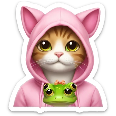 Cat with a pink bow wearing a cute frog hoodie sticker