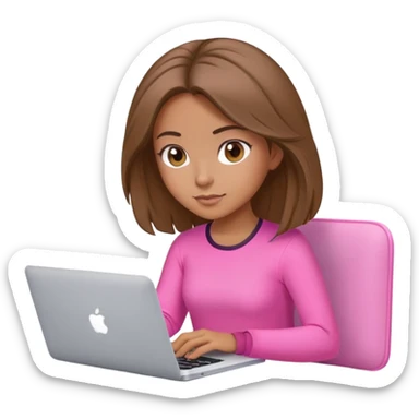 Beautiful programmer girl with brown blowout hair and pink clothes working with MacBook sticker