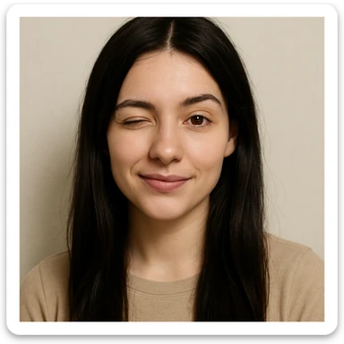 white girl with black long hair and brown eyes, winking, simple background sticker