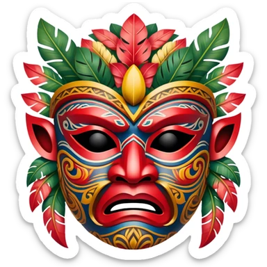 A traditional Hawaiian warrior mask with intricate carvings and bright colors, symbolizing strength and honor. sticker