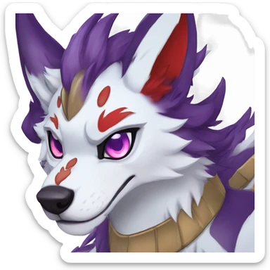 my fursona male stormkiller dragon wolf shankbat/foxtiger hybrid  with purple hair and red eyes and blue scales and hand wave  sticker