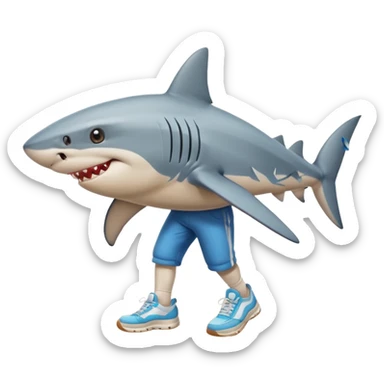 Tiburón con tenis caminando en la arena sticker