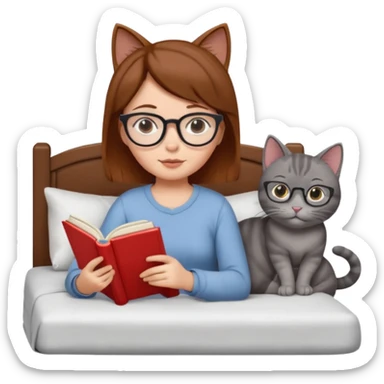 A girl is lying in bed. She has short chestnut hair styled neatly, is wearing glasses, and is reading a book. A grey cat is lying on her legs. The girl has no headband or ears, and the cat is not wearing glasses. sticker