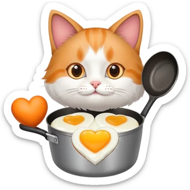 a cat holding a cooking pan with double heart-shaped egg sticker