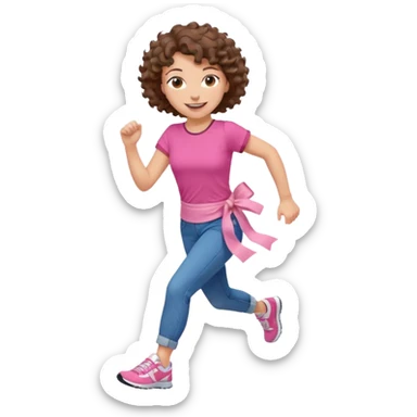 woman running, short curly brown hair, pink t-shirt, blue jeans, pink sneakers, dark pink sash across torso, smiling expression, dynamic pose sticker