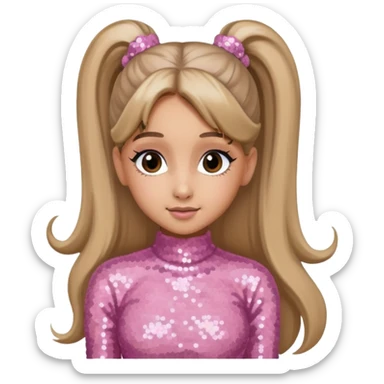 Ariana Grande with long dark blonde ponytail hair, light pink sequin outfit sticker