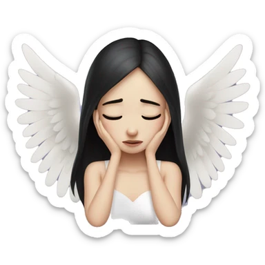 Crying woman tearing eyes pale skin black hair on the floor magical woman with angel wings  sticker