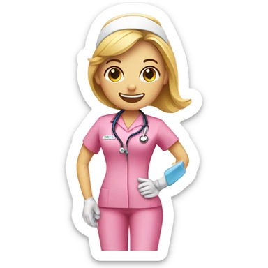 A nurse in pink scrubs, holding a toothbrush  sticker