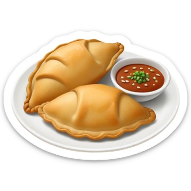 Cinematic Realistic Colombian Cornmeal Empanadas Emoji, showcasing the golden, crispy shell filled with savory meats and spices, served with a side of aji dipping sauce, rendered with vibrant textures and warm, inviting lighting. sticker