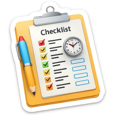 minimal emoji-style icon showing a document with a checklist and a small clock overlay, representing 'What to Expect' for test prep, modern, clean, educational sticker