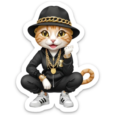 female cat wearing Run DMC hip-hop outfit with tracksuit, fedora, Adidas sneakers, many gold chains, rings, bracelets, flashy earrings, laughing and looking up, no sunglasses sticker