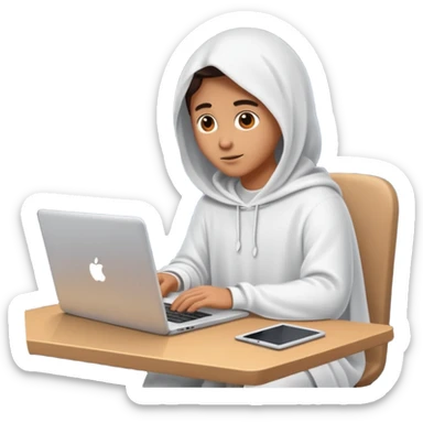 Create an emoji where an ungender person sits in front of the desk, designing ghost characters on laptop. Please refer to the attached image for ghost characters. sticker