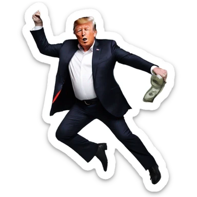 Elon musk dancing as money rains on him next to Donald trump  sticker