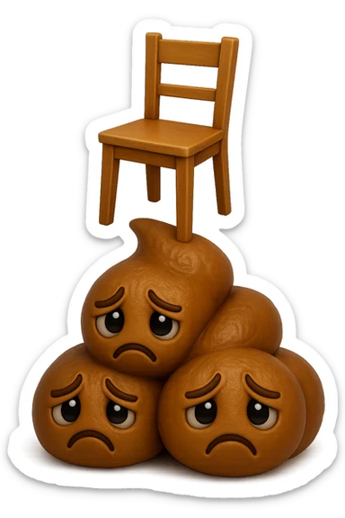 emoji stile iphone di una montagnetta di feci umane realistiche a palline tristi con sopra un simbolo delle sedia, iperrealistico 4k sticker
