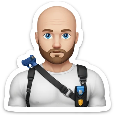 Muscular bald man with blue eyes a beard and a shoulder holster  sticker