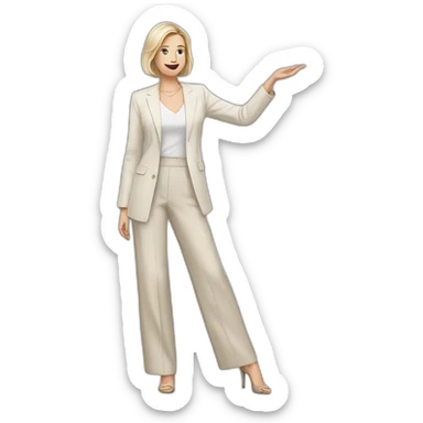Full height Actively gesturing with hands pale skin woman with ash blonde Straightened bob Hair, White Spacious classical jacket, beige palazzo Arrow pants and gray blouse sticker