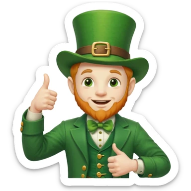 leprechaun looking up, and giving a thumbs up. on his left hand, he is holding his waist sticker