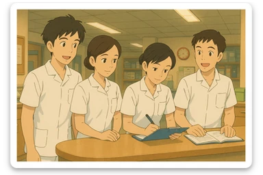 Group of four nursing students, inspired by photos, in a care station, Ghibli style, white medical tunics with short sleeves, V-neck collar, left chest pocket, no stethoscopes or clothing under sleeves, professional and friendly atmosphere. sticker