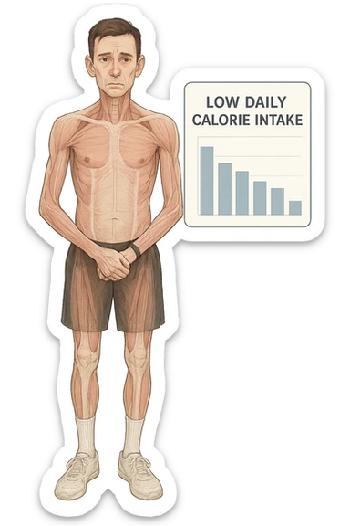 a lean man stands in a clinical setting, with a semi-transparent overlay showing reduced muscle mass and minimal fat stores. His expression is slightly fatigued, and a digital chart beside him displays a low daily calorie intake. The background is clean and modern, emphasizing the effects of a low-calorie diet. sticker