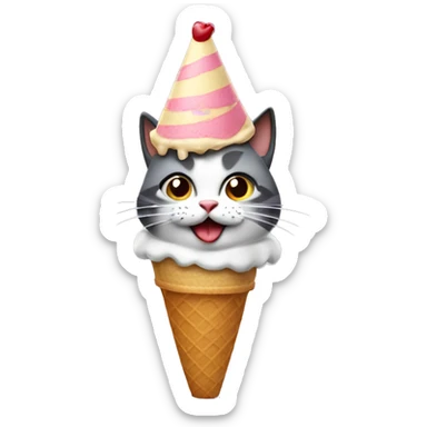Cat wearing a birthday hat and licking an ice cream cone sticker