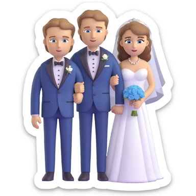 portrait of a bride with light brown hair and grey-blue eyes, and a groom with blonde hair, blue eyes, wearing a brown suit sticker