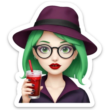 vampire green hair Drink holders with hat, wearing glasses, female sticker