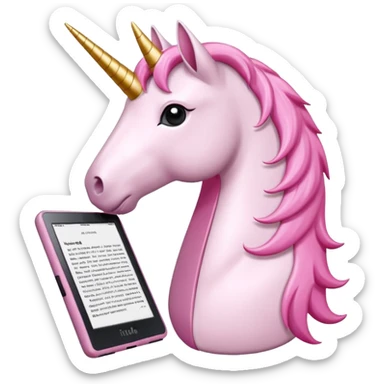 Unicorno bianco con corno rosa brillantato con sulla testa un paio di cuffie e un Amazon Kindle in mano sticker