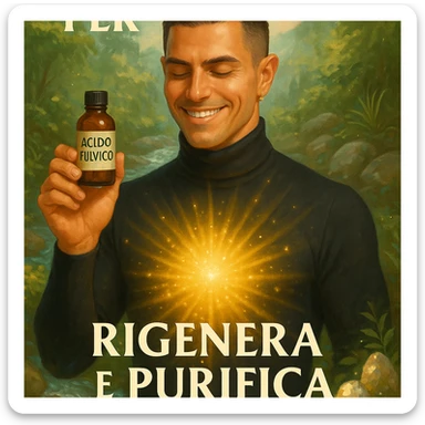 Create a vertical 9:16 wellness semi-realistic style image of a man with the face from the reference image. He is holding a bottle labeled 'acido fulvico'. Show luminous energy on the abdomen and skin. The environment is natural with elements of purification like water and minerals. Include Italian text. sticker