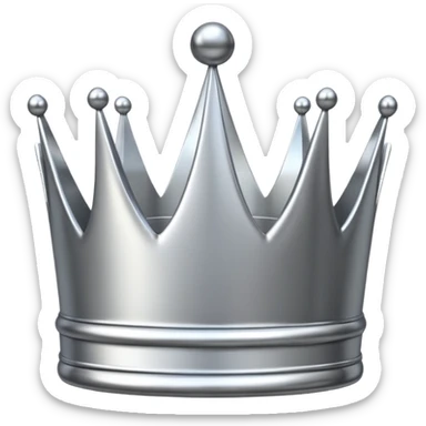 A luxury silver crown emoji, chrome metallic finish, smooth rounded edges, subtle sparkle, polished reflective surface, cute proportions, iOS emoji style, centered on a clean white background, soft studio lighting, no outlines sticker