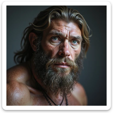 a bearded Neanderthal man with blue eyes, realistic style, detailed, lifelike sticker