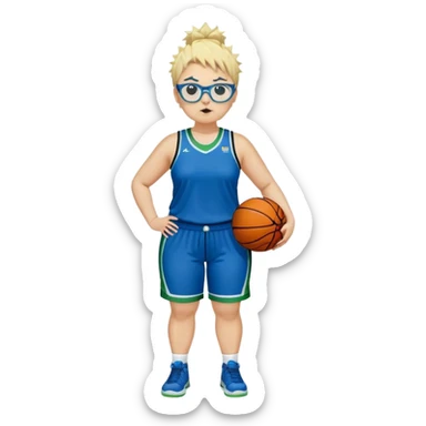 full body white plus size women basketball player pug nose with short spiky dark hair with added blond highlights wearing blue glasses wearing blue and green uniform sticker