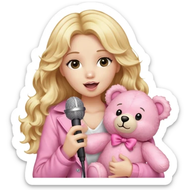 An emoji of a blonde female singer holding a plush pink teddy bear. She has long, wavy golden hair and is singing into a microphone with a passionate expression. The pink teddy bear is soft and fluffy, adding a cute and playful touch. A mix of glamour and sweetness sticker