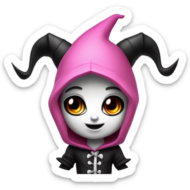 A mischievous chibi cartoon character with black devil horns, a jester-like hood with a pink skull on the front, light pink cheeks, black and white color scheme, large expressive eyes with dark eyeliner, and a playful smirk. sticker