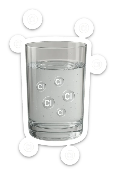 un bicchiere di acqua realistico e dettagliato fluttua in aria, dentro l'acqua del bicchiere ci sono particelle di cloro ben visibili con la scritta "Cl" sopra, ci sono particelle anche che escono dal bicchiere e fluttuano in aria verticalmente, mentre alcune sono all'interno dell'acqua nel bicchiere, iperrealistico 4k sticker