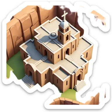 iOS emoji style illustration of Church of Saint George Lalibela Ethiopia, cross-shaped top view, carved stone appearance, vibrant clean lines sticker