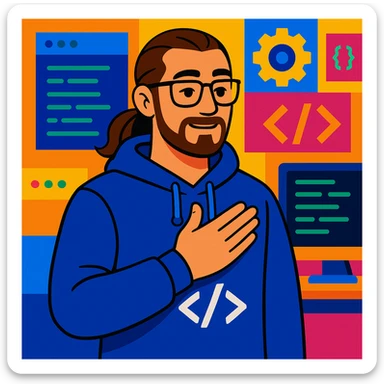 male software developer making 'eyvallah' gesture, right hand on chest, long brown hair tied back, glasses, short beard, light tan skin, wearing a hoodie with </> logo, tech and code background sticker