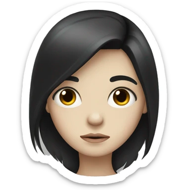 Pale girl with long black hair with a sad face sticker