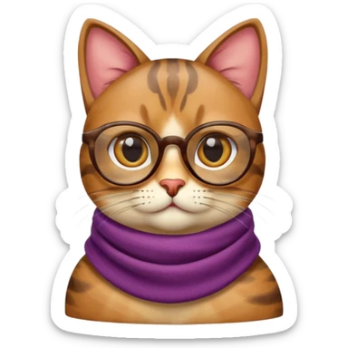 apple emoji style cat head, smooth and rounded, unique fur pattern with varied colors, large eyes with varying eye colors, wearing tinted glasses and a scarf with distinct color and design, focus on accessories, no body parts sticker