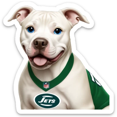 Blonde pitbull with blue eyes with a jets jersey on sticker