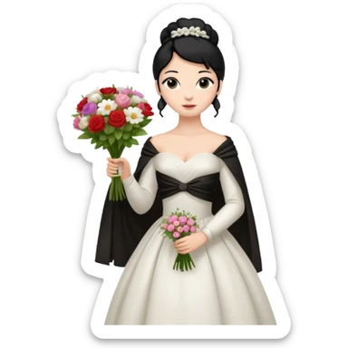Chica blanca,cuerpo entero, vestido boda ,manga larga ,con estola, pelo negro,    ramo de flores una mano, pelo recogido en moño alto sticker