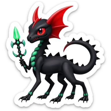 Obsidian-black and neon-glowing-green skeletal Meloetta-Salandit-Nargacuga-Salazzle-Pokémon-Fakémon-creature-fusion-hybrid with glowing crimson-red evil slit eyes sticker